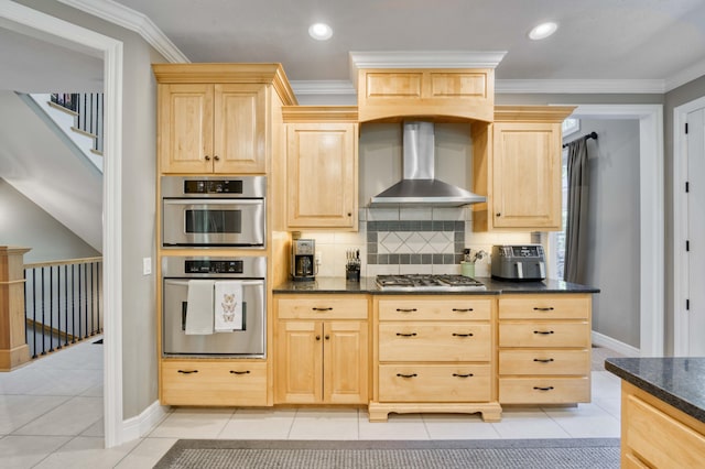 3262 S Thornridge Dr, Springfield, MO 65809 - kitchen featuring light brown cabinets, wall chimney exhaust hood, stainless steel appliances, baseboards, and crown molding
