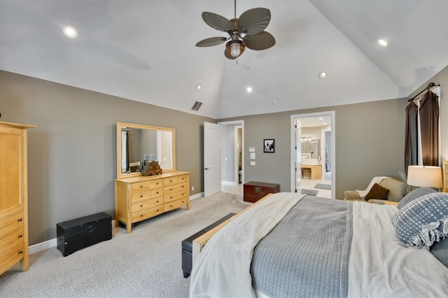 3262 S Thornridge Dr, Springfield, MO 65809 - bedroom with light colored carpet, recessed lighting, baseboards, ensuite bath, and ceiling fan