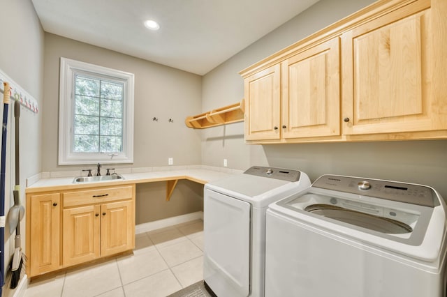 3262 S Thornridge Dr, Springfield, MO 65809 - laundry room featuring separate washer and dryer, cabinet space, light tile patterned floors, and recessed lighting