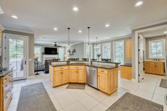3262 S Thornridge Dr, Springfield, MO 65809 - kitchen with dishwasher, dark countertops, ornamental molding, open floor plan, and recessed lighting
