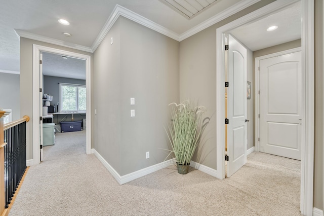 3262 S Thornridge Dr, Springfield, MO 65809 - hallway featuring carpet flooring, baseboards, crown molding, an upstairs landing, and recessed lighting