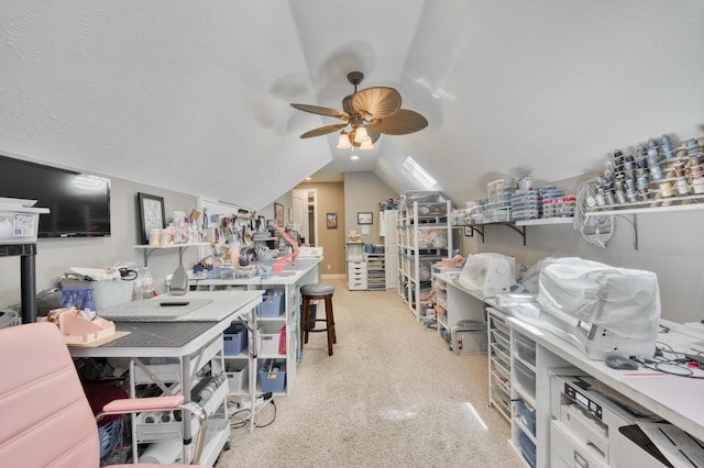 3262 S Thornridge Dr, Springfield, MO 65809 - carpeted home office with a ceiling fan, vaulted ceiling, and a workshop area