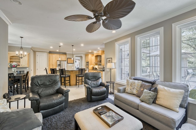 3262 S Thornridge Dr, Springfield, MO 65809 - living room with a ceiling fan, a chandelier, recessed lighting, light tile patterned floors, and crown molding