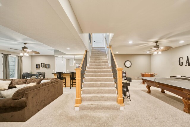 3262 S Thornridge Dr, Springfield, MO 65809 - staircase with a ceiling fan, carpet floors, recessed lighting, and baseboards