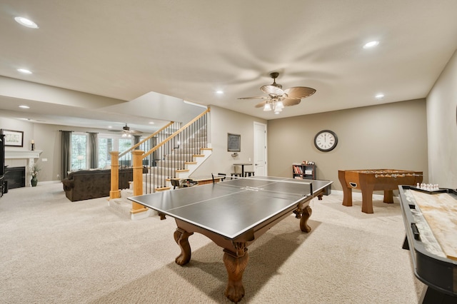 3262 S Thornridge Dr, Springfield, MO 65809 - rec room featuring a ceiling fan, carpet floors, recessed lighting, baseboards, and a fireplace