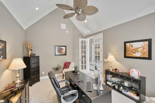 3262 S Thornridge Dr, Springfield, MO 65809 - carpeted office featuring ceiling fan, baseboards, high vaulted ceiling, french doors, and recessed lighting