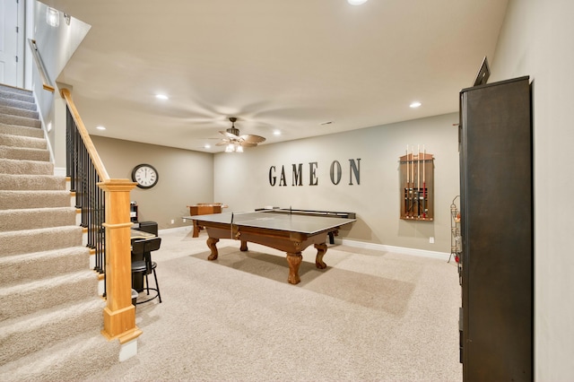3262 S Thornridge Dr, Springfield, MO 65809 - playroom featuring recessed lighting, carpet flooring, a ceiling fan, baseboards, and pool table