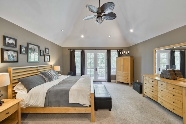 3262 S Thornridge Dr, Springfield, MO 65809 - bedroom with french doors, access to exterior, recessed lighting, light carpet, and high vaulted ceiling