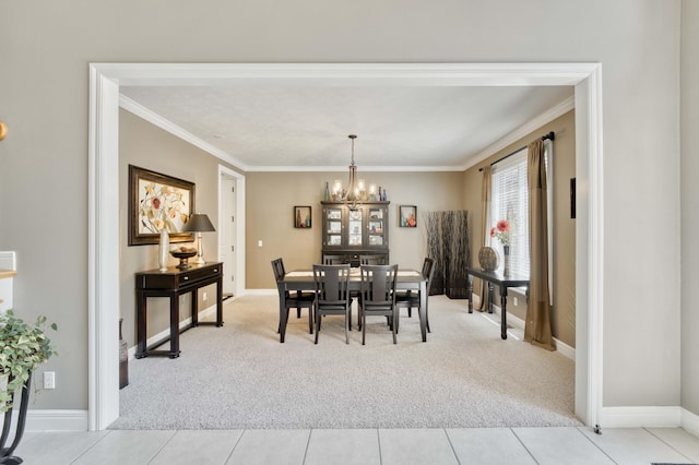 3262 S Thornridge Dr, Springfield, MO 65809 - dining room with light colored carpet, crown molding, a chandelier, and baseboards