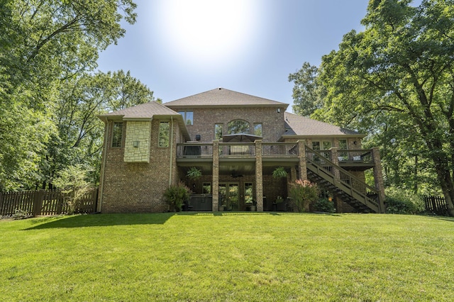 3262 S Thornridge Dr, Springfield, MO 65809 - rear view of property featuring french doors, stairway, a deck, brick siding, and a shingled roof
