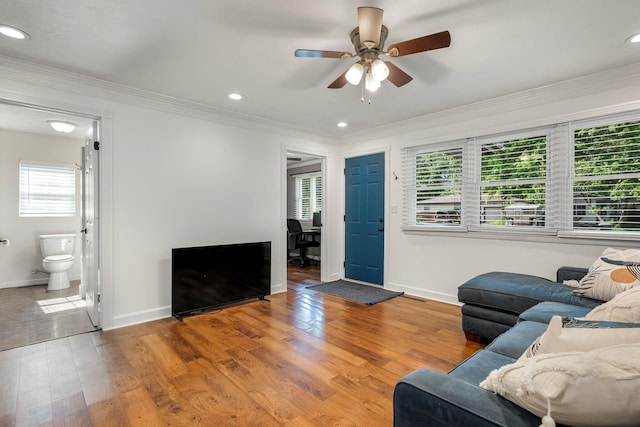 332 E Silsby St, Springfield, MO 65807 - living area featuring ornamental molding, a ceiling fan, baseboards, wood finished floors, and recessed lighting