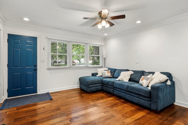 332 E Silsby St, Springfield, MO 65807 - living area featuring ceiling fan, wood finished floors, baseboards, crown molding, and recessed lighting