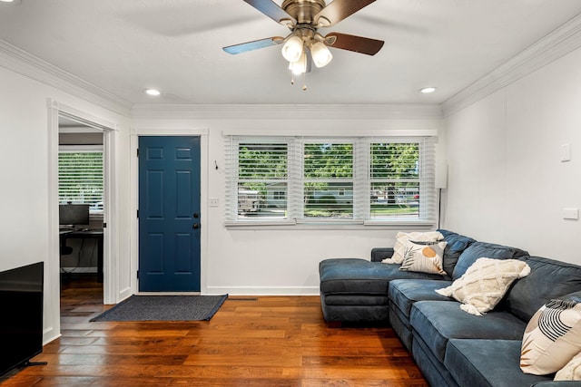 332 E Silsby St, Springfield, MO 65807 - living room with wood finished floors, ornamental molding, a ceiling fan, baseboards, and recessed lighting