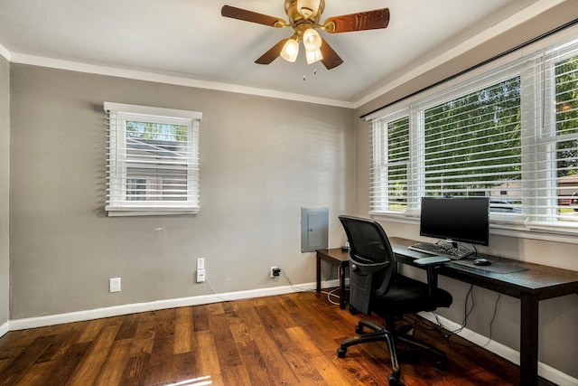 332 E Silsby St, Springfield, MO 65807 - office with baseboards, wood finished floors, a ceiling fan, and ornamental molding