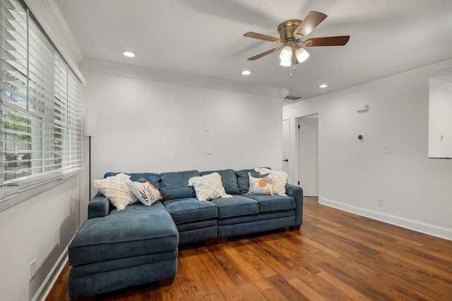 332 E Silsby St, Springfield, MO 65807 - living room with ornamental molding, wood finished floors, plenty of natural light, ceiling fan, and baseboards