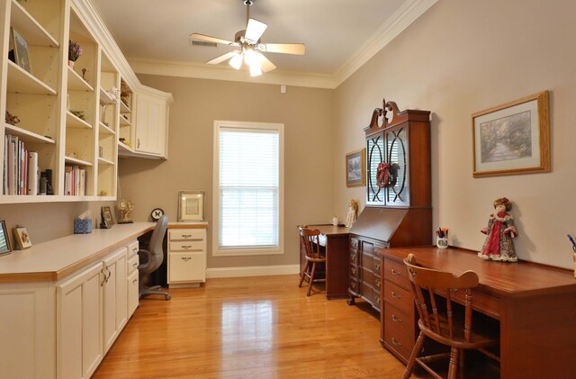 607 Sumac Ln, Marshfield, MO 65706 - office area with built in study area, a ceiling fan, light wood-type flooring, crown molding, and baseboards