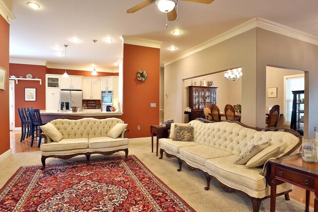 607 Sumac Ln, Marshfield, MO 65706 - living area with ceiling fan, crown molding, baseboards, light colored carpet, and recessed lighting