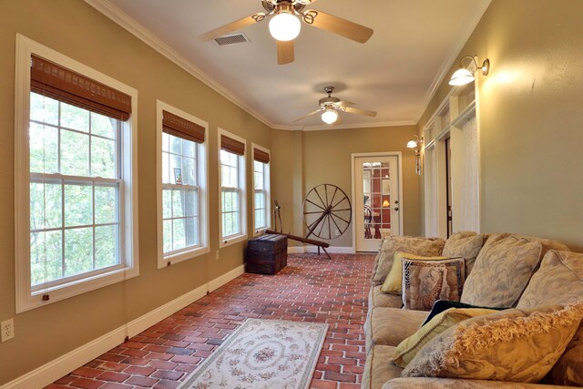 607 Sumac Ln, Marshfield, MO 65706 - sunroom / solarium featuring brick floors, healthy amount of natural light, baseboards, and crown molding