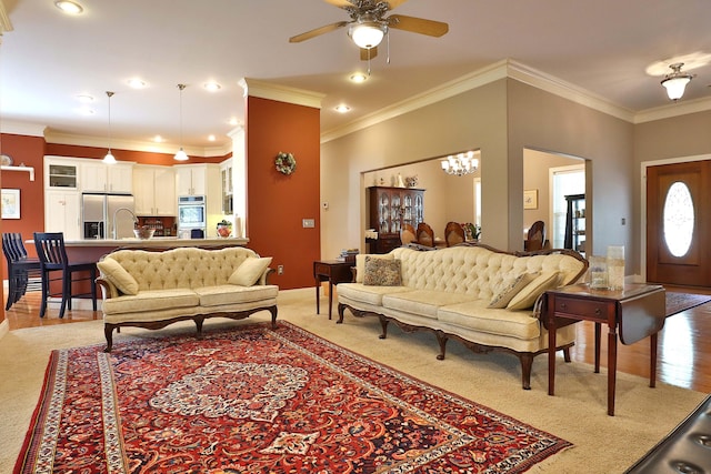 607 Sumac Ln, Marshfield, MO 65706 - living area with ceiling fan, crown molding, light carpet, recessed lighting, and baseboards