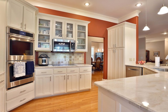 607 Sumac Ln, Marshfield, MO 65706 - kitchen featuring stainless steel appliances, ornamental molding, light wood-type flooring, pendant lighting, and backsplash