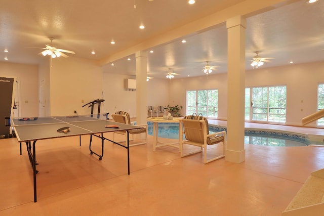 607 Sumac Ln, Marshfield, MO 65706 - game room featuring recessed lighting, concrete floors, and ceiling fan