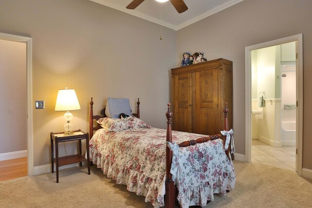 607 Sumac Ln, Marshfield, MO 65706 - bedroom with light colored carpet, ornamental molding, baseboards, connected bathroom, and ceiling fan