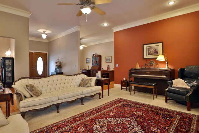 607 Sumac Ln, Marshfield, MO 65706 - carpeted living area with a ceiling fan, ornamental molding, recessed lighting, and baseboards