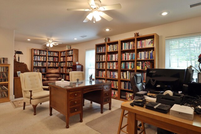 607 Sumac Ln, Marshfield, MO 65706 - office area with wall of books, a ceiling fan, light colored carpet, and recessed lighting