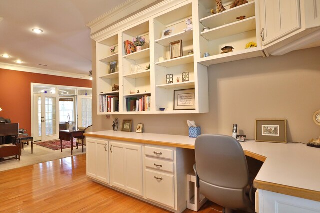 607 Sumac Ln, Marshfield, MO 65706 - office space featuring built in desk, crown molding, light wood-style floors, recessed lighting, and french doors