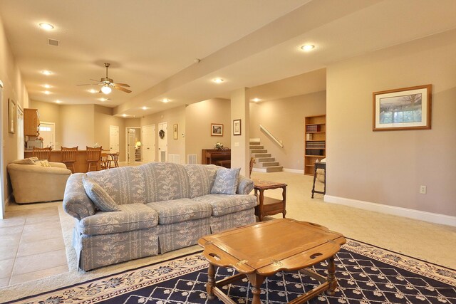607 Sumac Ln, Marshfield, MO 65706 - living area with a ceiling fan, baseboards, stairs, recessed lighting, and light carpet