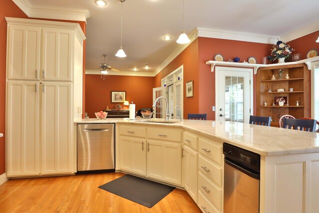 607 Sumac Ln, Marshfield, MO 65706 - kitchen with a sink, ornamental molding, stainless steel dishwasher, light wood-style floors, and ceiling fan