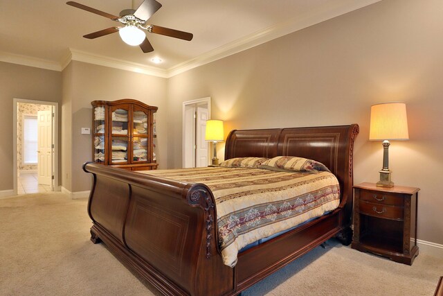 607 Sumac Ln, Marshfield, MO 65706 - bedroom featuring light carpet, baseboards, ornamental molding, and ceiling fan