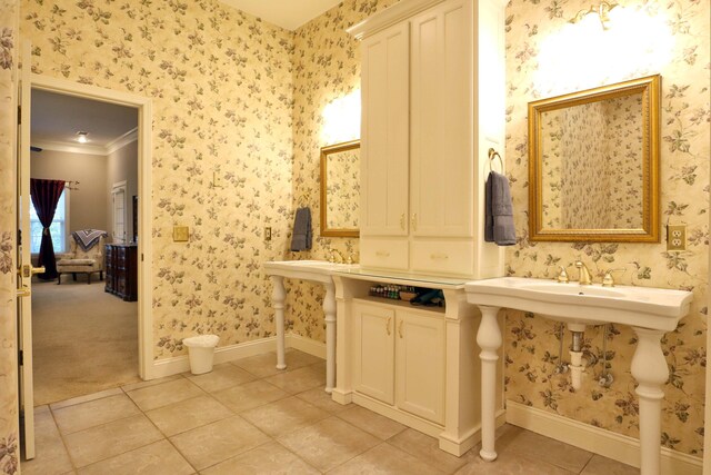 607 Sumac Ln, Marshfield, MO 65706 - bathroom with wallpapered walls, baseboards, tile patterned flooring, and crown molding