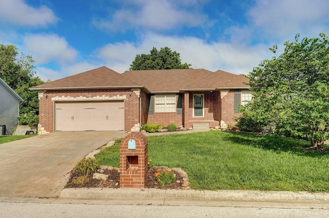 259 Aven Ave, Sparta, MO 65753 - ranch-style house with brick siding, concrete driveway, an attached garage, a front yard, and roof with shingles