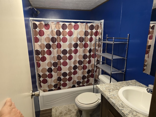 285 Lace Loop, Conway, MO 65632 - bathroom with vanity, shower / bath combo with shower curtain, toilet, a textured ceiling, and wood finished floors