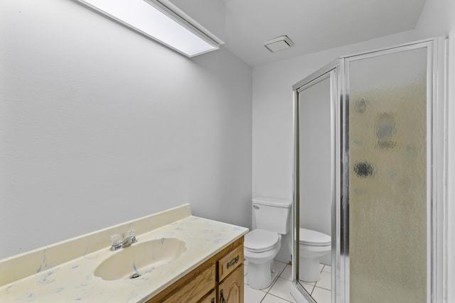824 Highland Dr, Aurora, MO 65605 - bathroom with toilet, tile patterned floors, a stall shower, and vanity