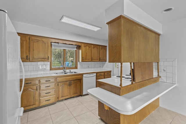 824 Highland Dr, Aurora, MO 65605 - kitchen featuring white appliances, a sink, a peninsula, and brown cabinets