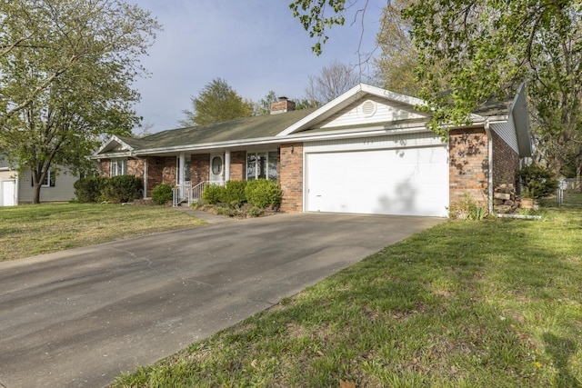 824 Highland Dr, Aurora, MO 65605 - single story home featuring a garage, a front yard, driveway, brick siding, and a chimney