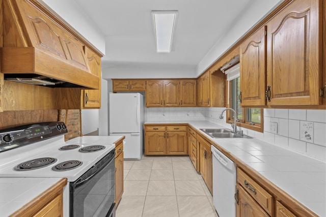 824 Highland Dr, Aurora, MO 65605 - kitchen with white appliances, tile counters, a sink, and decorative backsplash