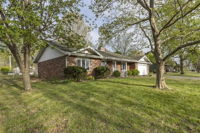 824 Highland Dr, Aurora, MO 65605 - single story home featuring an attached garage, a chimney, and brick siding