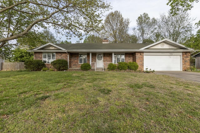 824 Highland Dr, Aurora, MO 65605 - ranch-style home with an attached garage, brick siding, driveway, and a chimney