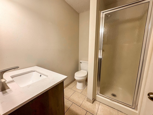 1831 E Woodbine St, Springfield, MO 65803 - full bathroom with vanity, a shower stall, toilet, a textured ceiling, and tile patterned flooring
