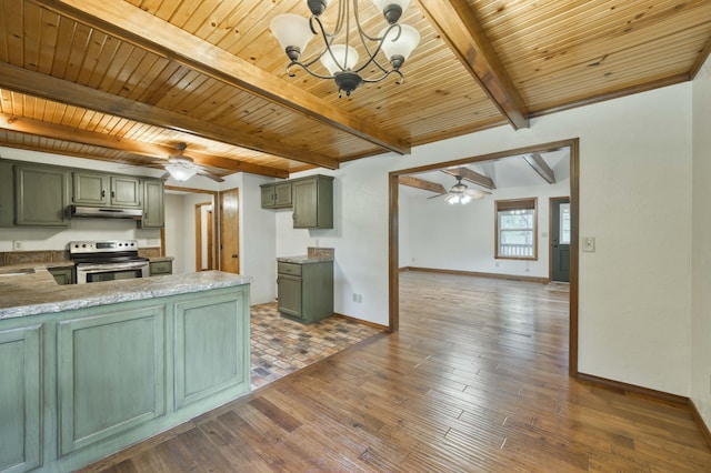 224 Loveland Dr, Rogersville, MO 65742 - kitchen with green cabinets, stainless steel electric stove, ceiling fan, and wooden ceiling with exposed beams
