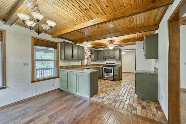 224 Loveland Dr, Rogersville, MO 65742 - kitchen with stainless steel electric stove, wooden ceiling with exposed beams, a chandelier, green cabinets, and under cabinet range hood