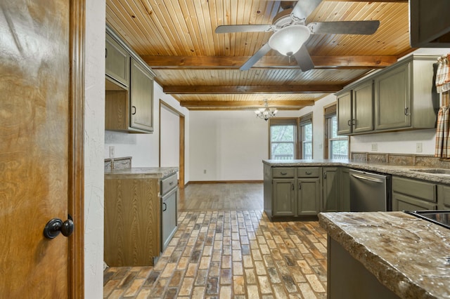 224 Loveland Dr, Rogersville, MO 65742 - kitchen featuring wood ceiling with exposed beams, dishwasher, brick floors, a ceiling fan, and baseboards