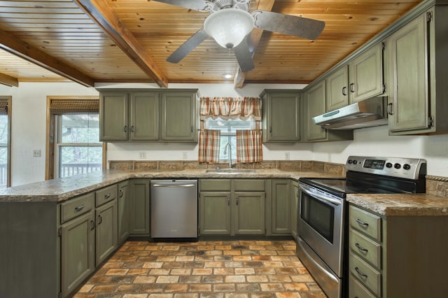 224 Loveland Dr, Rogersville, MO 65742 - kitchen featuring appliances with stainless steel finishes, under cabinet range hood, green cabinetry, a sink, and wood ceiling with exposed beams