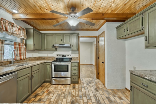 224 Loveland Dr, Rogersville, MO 65742 - kitchen featuring appliances with stainless steel finishes, green cabinetry, a sink, and wood ceiling with exposed beams