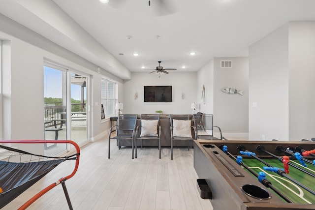 232 Chateau Mountain Hilltop Way, Branson, MO 65616 - recreation room featuring a ceiling fan, recessed lighting, light wood-style floors, and baseboards