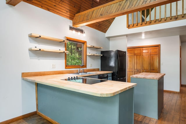 15295 S 1901st Rd, Stockton, MO 65785 - kitchen featuring wooden counters, black appliances, wooden ceiling, a sink, and vaulted ceiling