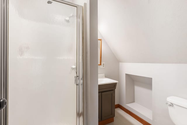 15295 S 1901st Rd, Stockton, MO 65785 - full bath featuring a shower stall, toilet, vanity, vaulted ceiling, and tile patterned floors